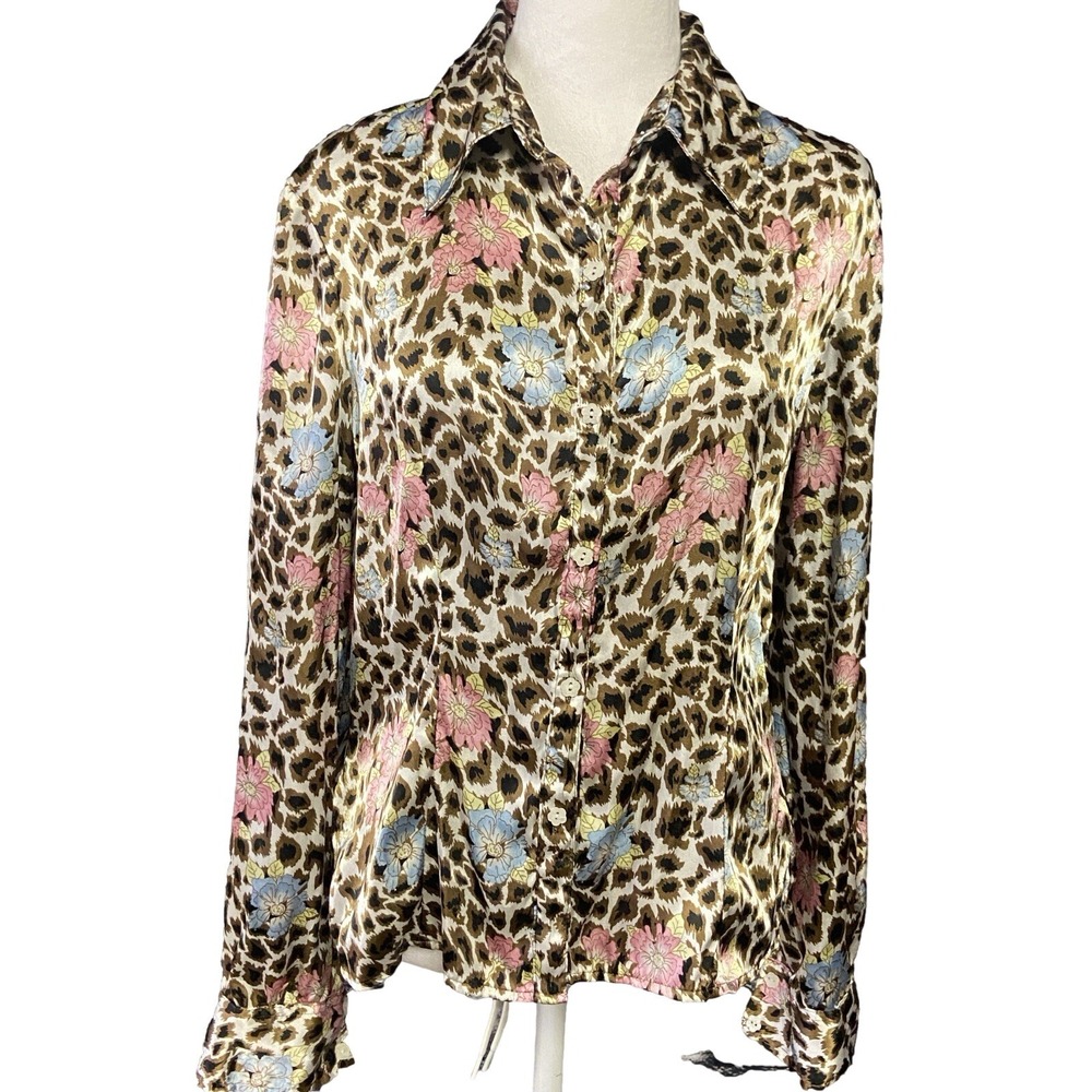 Nicole By Nicole Miller Blouse Womens 10 Multicolor Leopard Floral Button Up Top